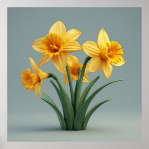 Bright Yellow Daffodils Bouquet With Green Leaves Poster