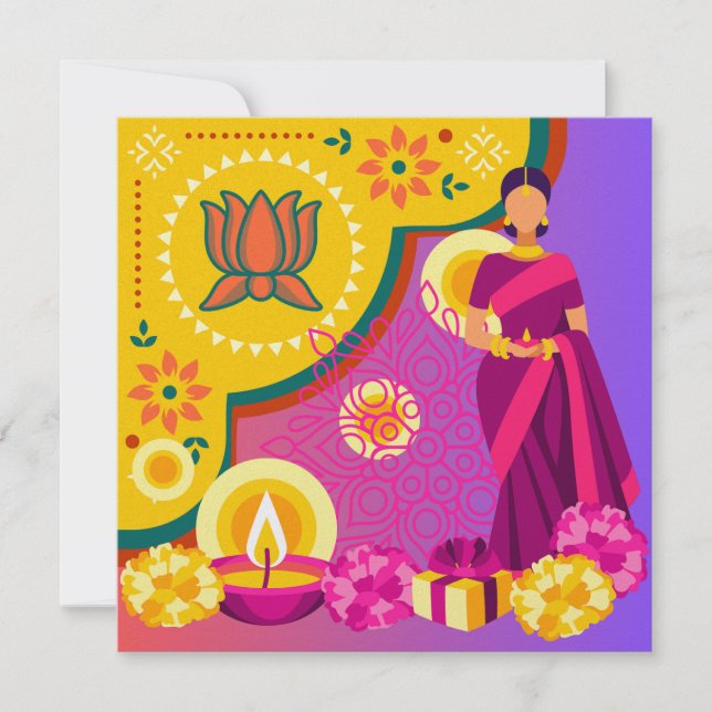 Bright Yellow Diwali Card Colourful Text Customise (Front)