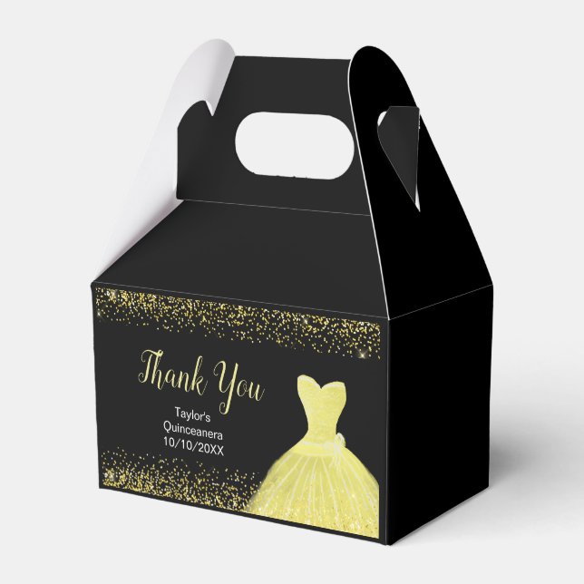 Bright Yellow Dress Faux Glitter Quinceanera Favour Box (Front Side)