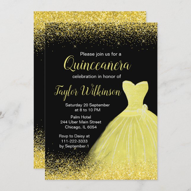Bright Yellow Dress Faux Glitter Quinceanera Invitation (Front/Back)