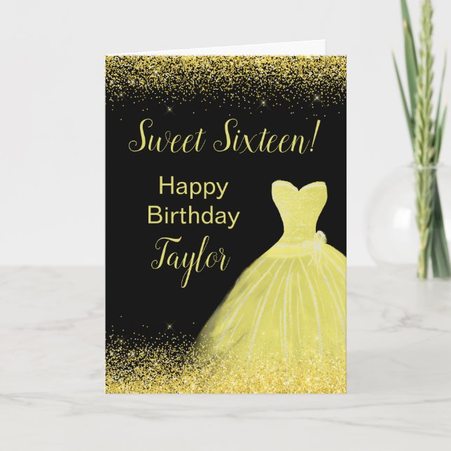 Bright Yellow Dress Faux Glitter Sweet 16 Birthday Card (Front)