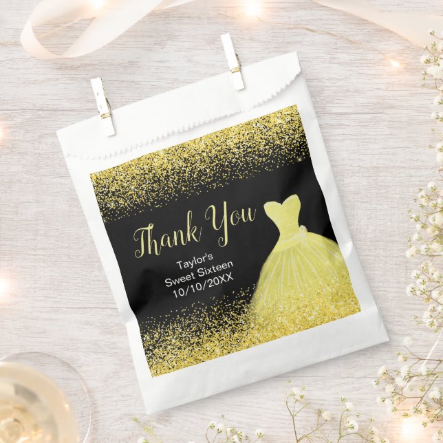 Bright Yellow Dress Faux Glitter Sweet 16 Birthday Favour Bag (Clipped)