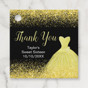 Bright Yellow Dress Faux Glitter Sweet 16 Birthday Favour Tags