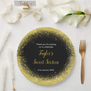 Bright Yellow Dress Faux Glitter Sweet 16 Birthday Paper Plate
