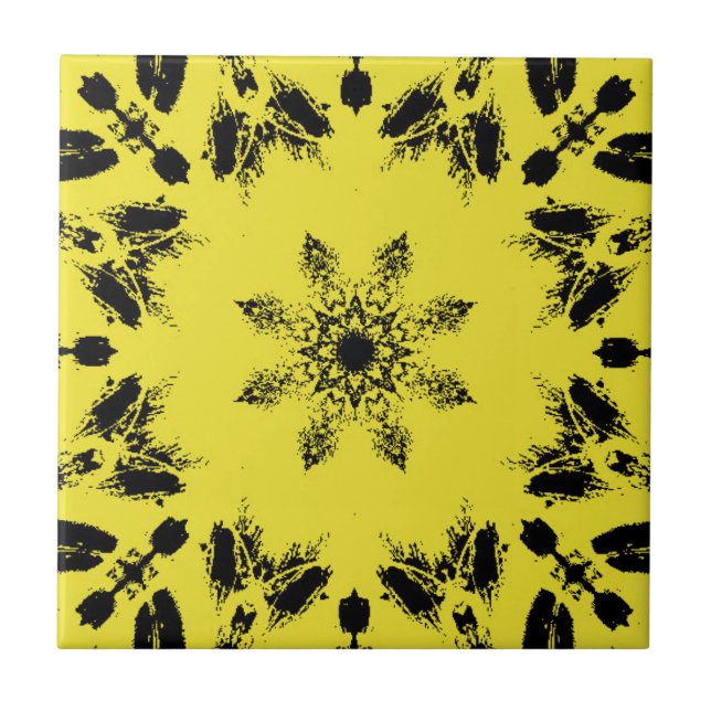 Bright yellow ebony black star flower geometric  ceramic tile (Front)