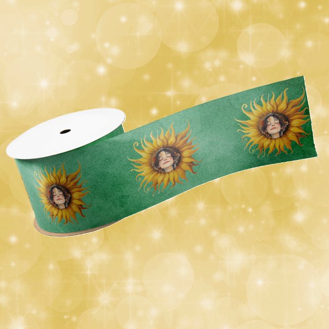 Bright Yellow Fancy Sunflowers Girls Face Green Satin Ribbon (Yellow fancy sunflower with cute face of girl in center on green gift wrap or craft ribbon.)