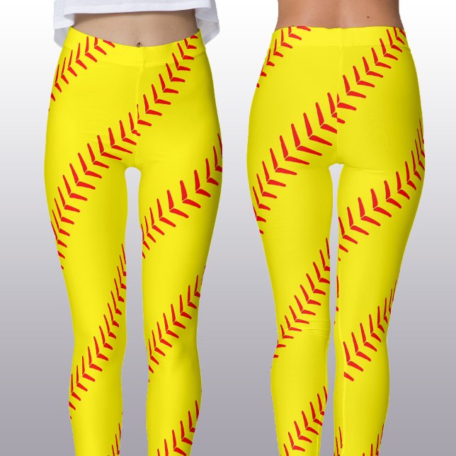 Bright Yellow Fastpitch Softball Stitches (Seams) Leggings (Bright yellow fastpitich softball leggins with red seams for softball players and fans.)