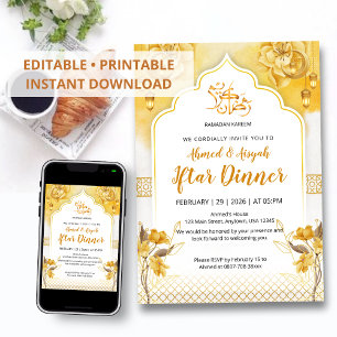 Bright Yellow Floral & Gold Arch Ramadan Iftar Inv Invitation
