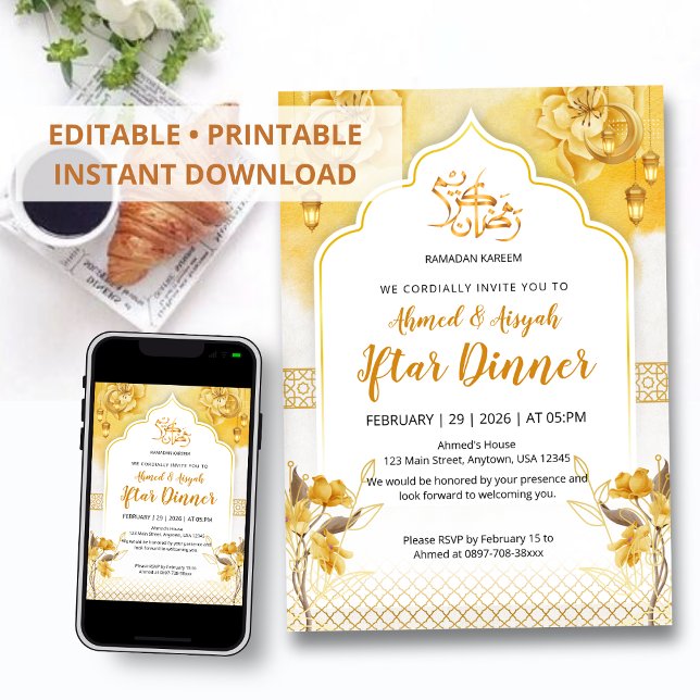 Bright Yellow Floral & Gold Arch Ramadan Iftar Inv Invitation (Creator Uploaded)