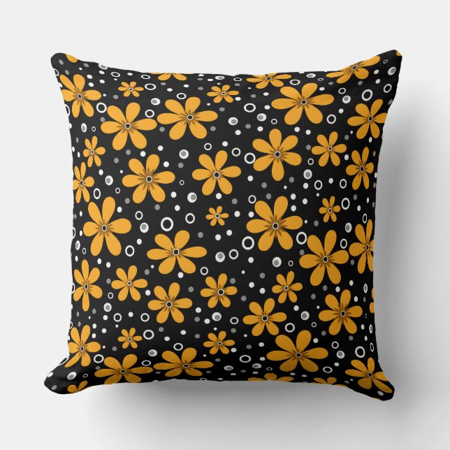 Bright yellow floral pattern on black background w cushion (Front)