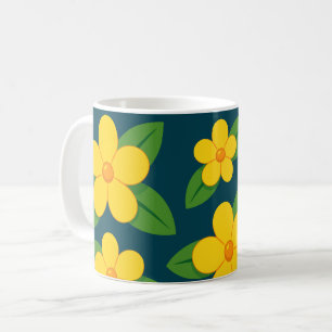 Bright Yellow Floral Pattern with Green Leaves Coffee Mug