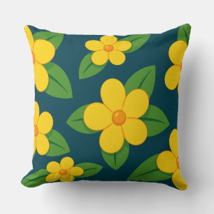 Bright Yellow Floral Pattern with Green Leaves Cushion
