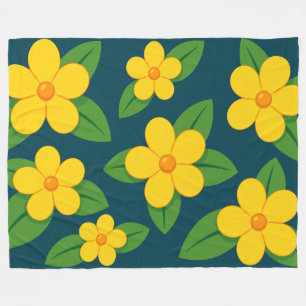 Bright Yellow Floral Pattern with Green Leaves Fleece Blanket