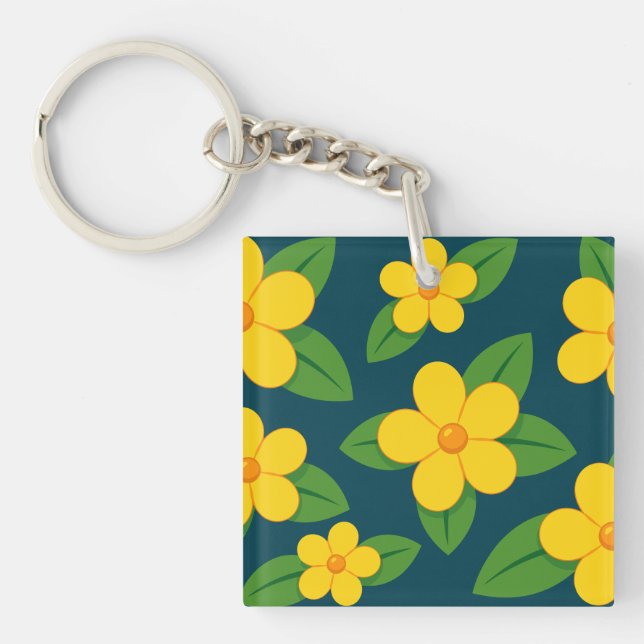Bright Yellow Floral Pattern with Green Leaves Key Ring (Front)