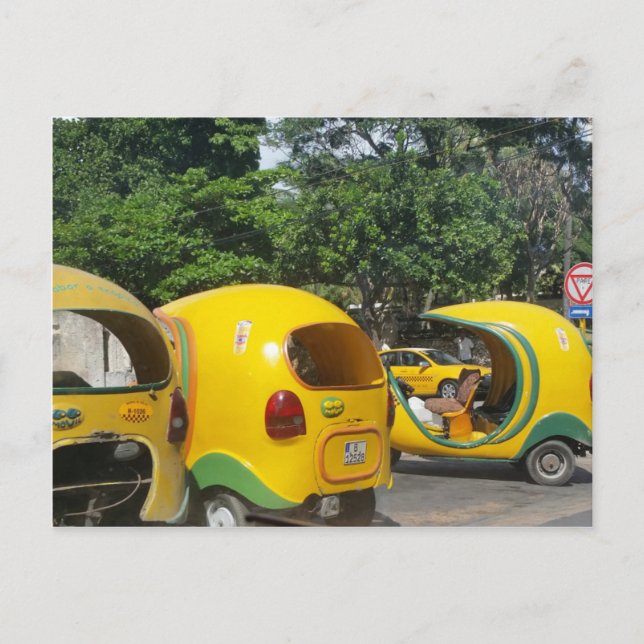 Bright yellow fun coco taxis from Cuba Postcard (Front)