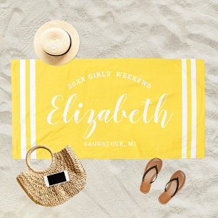 Bright Yellow Girls Weekend Personalised Name Beach Towel