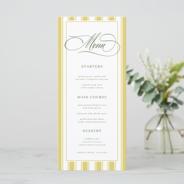 Bright Yellow Green Zesty Stripes Classic Wedding Menu (Standing Front)