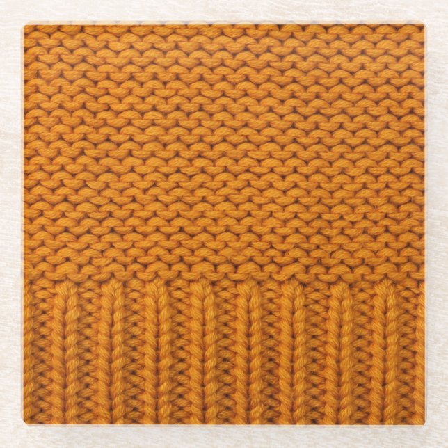 Bright yellow: handmade knitted texture. glass coaster (Front)