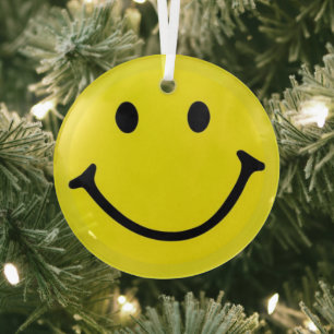 Bright Yellow Happy Smiling Face Glass Tree Decoration