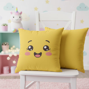 Bright Yellow Kawaii Smiling Face Throw Pillow
