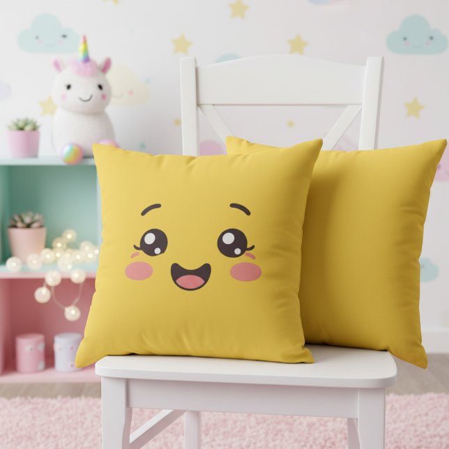 Bright Yellow Kawaii Smiling Face Throw Pillow (Bright yellow kawaii throw pillow for a nursery full of joy.)