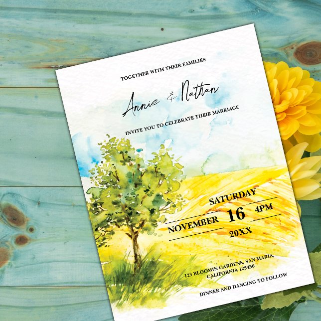 Bright Yellow Landscape Farmland Wedding Invite Postcard (Bright Yellow Landscape Farmland Wedding Invite)