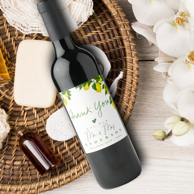 Bright Yellow Lemon Citrus Mr Mrs Wedding Favour Wine Label (Creator Uploaded)