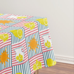 Bright yellow lemons, orange sun, summer pitchers tablecloth