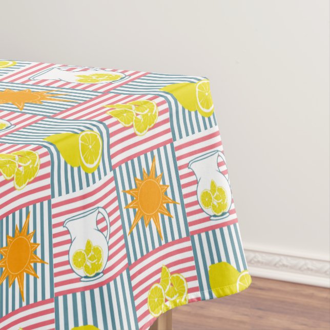 Bright yellow lemons, orange sun, summer pitchers  tablecloth (In Situ)