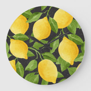 Bright Yellow Lemons Watercolor Seamless Large Clock
