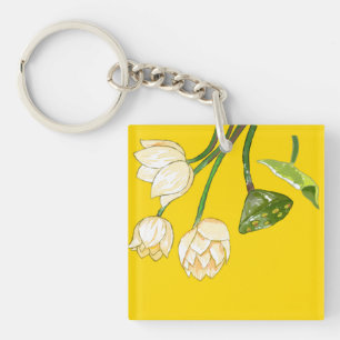 Bright Yellow Lotus Flowers & Lotus Seedpod Keycha Key Ring