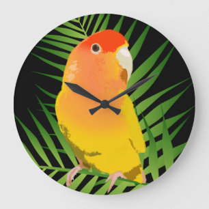 Bright Yellow Lovebird Parrot Green Leaves Black Large Clock