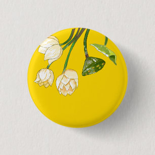 Bright Yellow Modern Lotus Flowers & Seedpod  3 Cm Round Badge