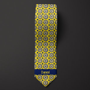 Bright Yellow & Navy Blue Abstract Flower Tie