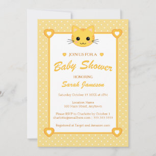 Bright Yellow Orange Neutral Cute Cat Baby Shower Invitation