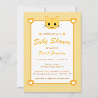 Bright Yellow Orange Neutral Cute Cat Baby Shower Invitation