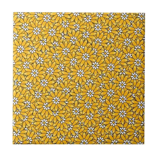 Bright Yellow Overlapping Floral Pattern Ceramic Tile (Front)