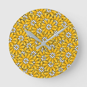 Bright Yellow Overlapping Floral Pattern Round Clock