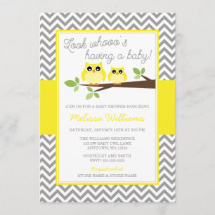 Bright Yellow Owl Grey Chevron Baby Shower Invitation