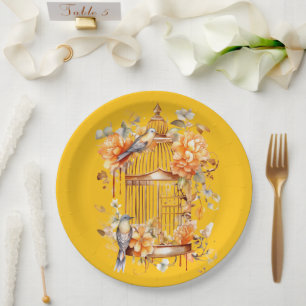 Bright Yellow Peach Bronze Birdcage  Shower Paper Plate