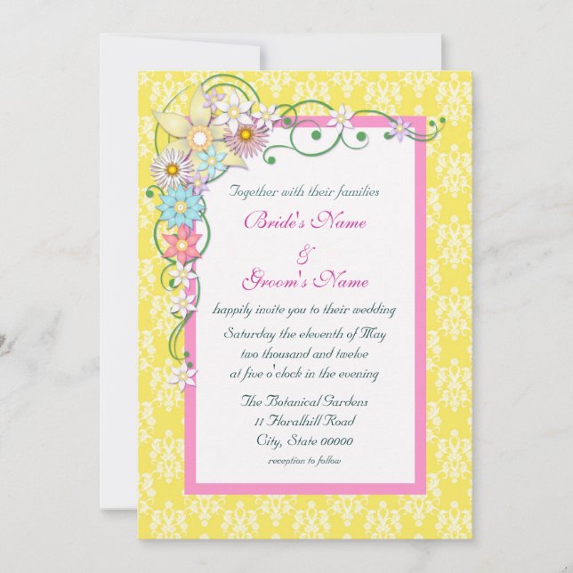 Bright Yellow Pink Floral Spring Wedding Invitation (Front)