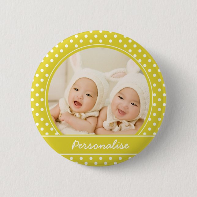 Bright Yellow Polka Dot Custom Photo and Name 6 Cm Round Badge (Front)