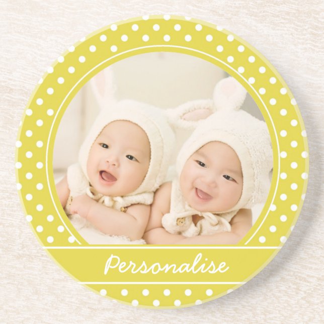 Bright Yellow Polka Dot Custom Photo and Name Coaster (Front)