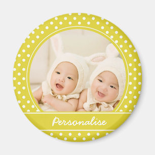 Bright Yellow Polka Dot Custom Photo and Name Magnet