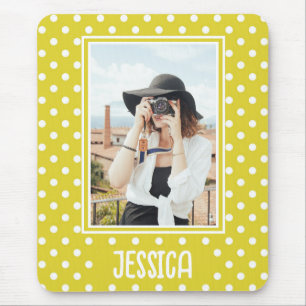 Bright Yellow Polka Dot Custom Photo and Name Mouse Pad