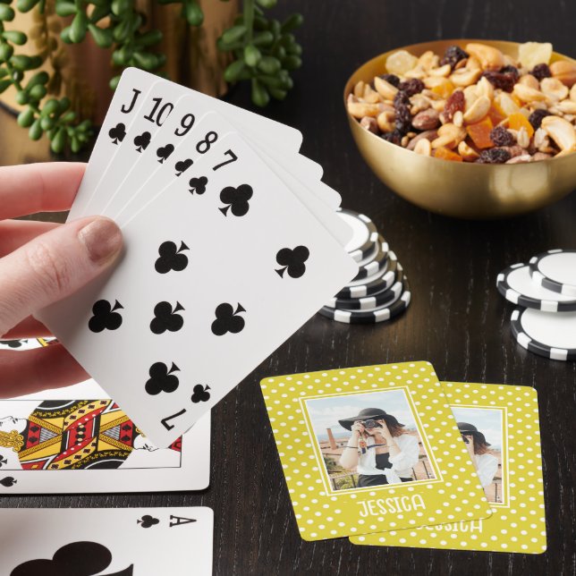 Bright Yellow Polka Dot Custom Photo and Name Playing Cards (In Situ)