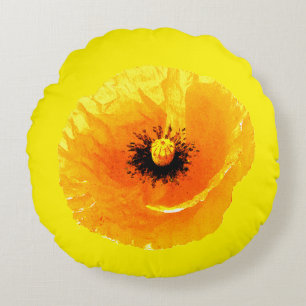 Bright Yellow Poppy Flower Floral Abstract Wedding Round Cushion