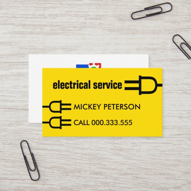 Bright Yellow Power Plug Wiring Business Card (Front/Back In Situ)