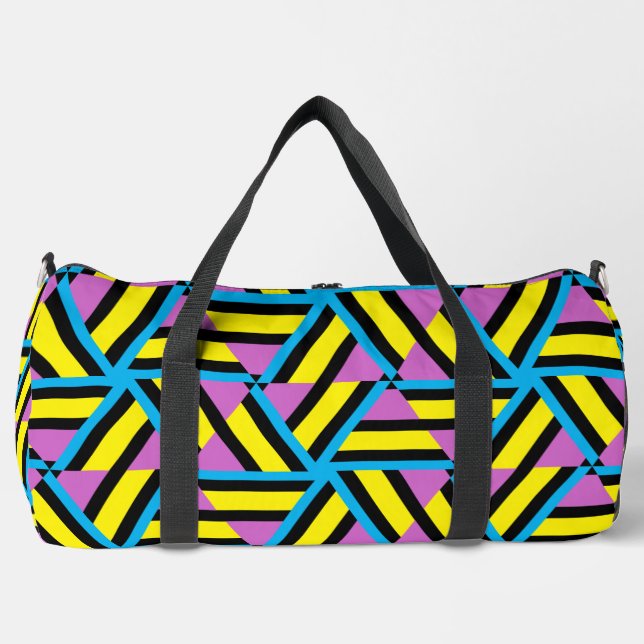 Bright Yellow Purple Aqua Black Geometric Pattern Duffle Bag (Front)