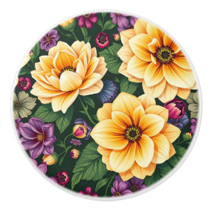 Bright Yellow & Purple Flowers Colourful Floral Ceramic Knob
